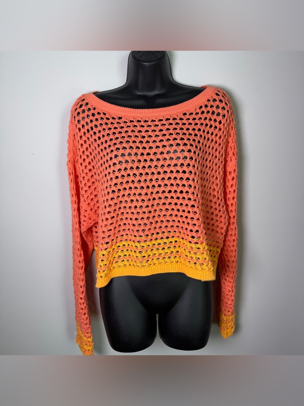 Aerie Open-Knit Crop Cotton Boho Beachy Vacation Sweater Orange Ombre, Size XL